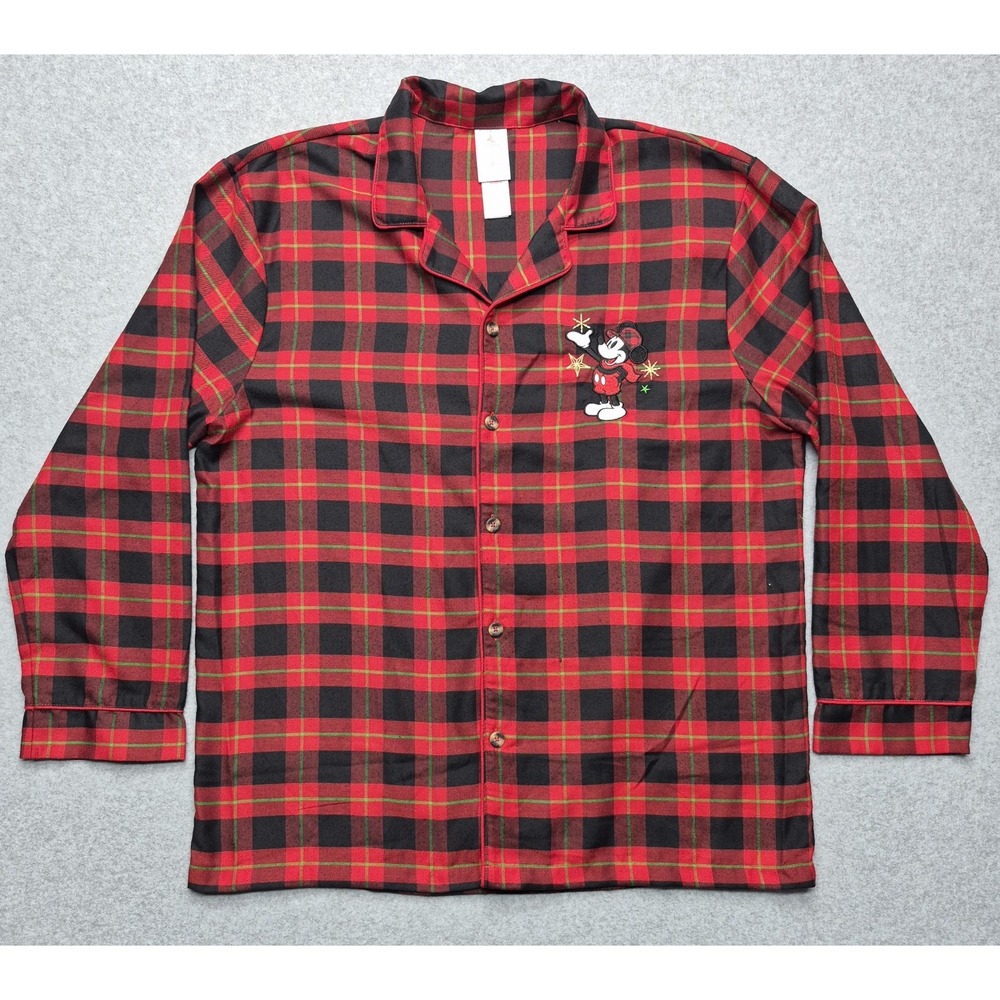 Disney Shirt Mens L Red Black Flannel Mickey Mouse Buffalo Plaid Button Graphic